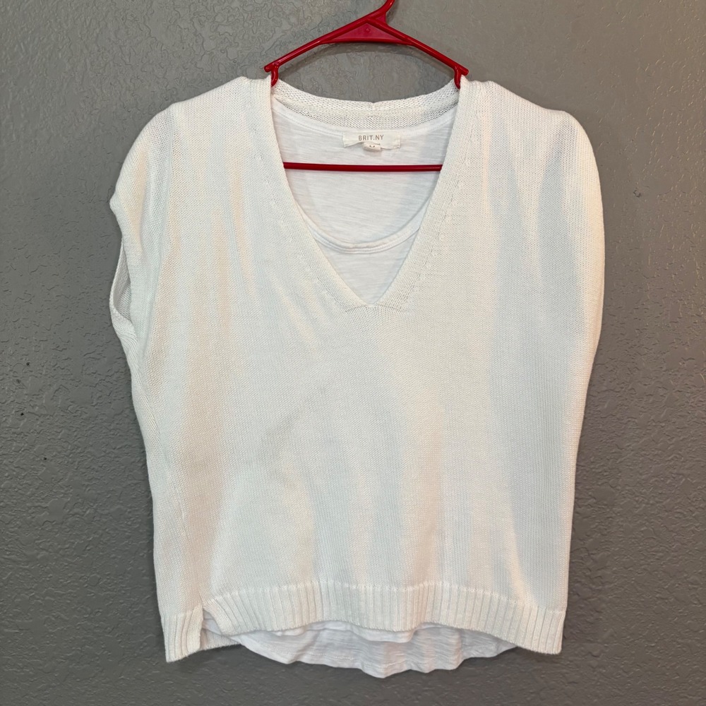 BRIT.NY White‎ 100% Cotton V-Neck Sweater Vest Layered Look Size Medium